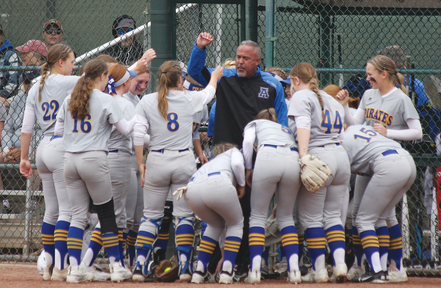 Sarah Burdick / For The Chronicle.Adna athletic director K.C. Johnson gives the Pirate softball team a pregame speech prior to the 2B state softball championship game on May 28 in Yakima.
